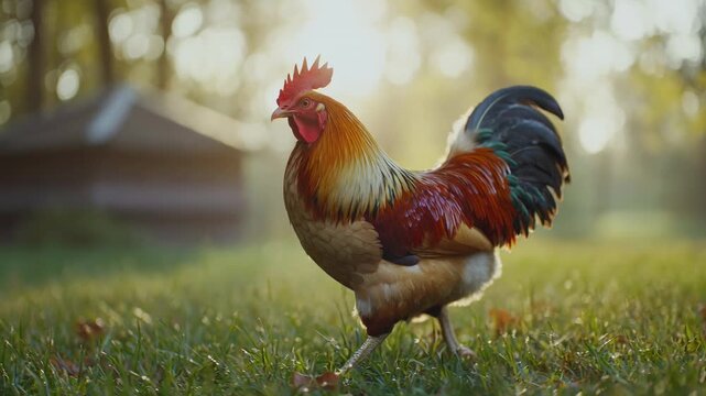 Tracking shot of rooster strutting forward across dew covered grass in rural yard at sunrise for farm and nature use