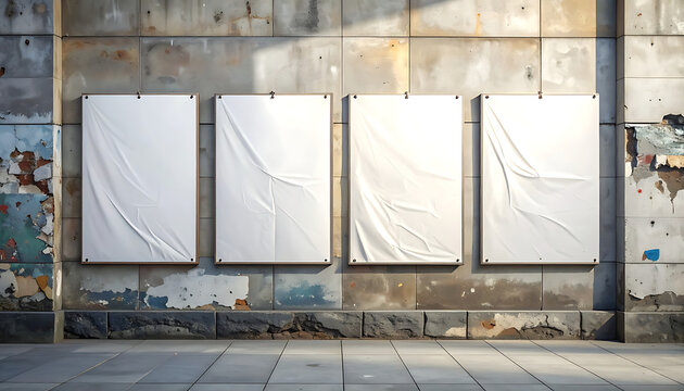 Four blank white posters on a weathered concrete wall, urban grunge texture, mockup for advertising or art display