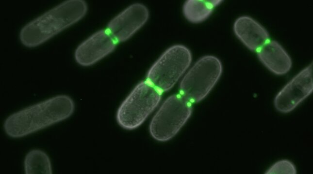 Fluorescence micrograph of E. coli cells with glowing GFP labeled FtsZ ring