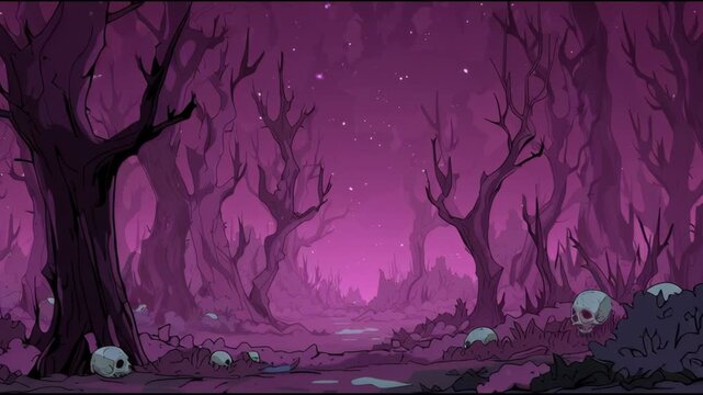 Discover a dark forest where twisted trees and eerie skulls create an atmosphere of mystery and unease. Wander through a world of shadows.
