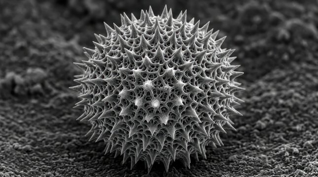 SEM of pollen grain with intricate echinate exine surface and reticulate pattern