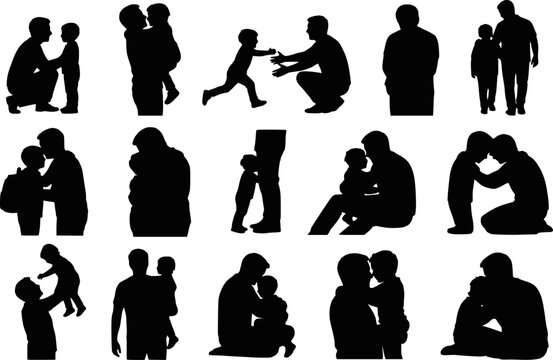 Father hugging and bonding with child silhouettes vector icon set isolated