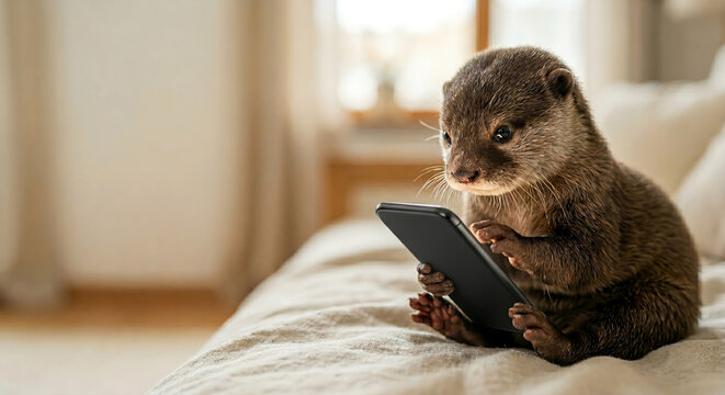 Adorable baby Asian small-clawed otter operating an unbranded modern smartphone with wide copy space on the left