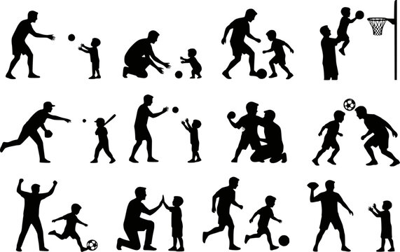 Father and son playing ball sport silhouettes vector icon set isolated