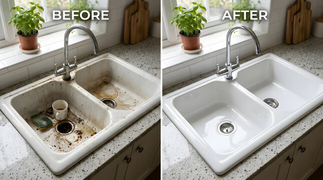 Before and After Kitchen Sink Cleaning Transformation | Professional Deep Cleaning Services for Home Hygiene | Sparkling Clean White Ceramic Sink Comparison | Housekeeping and Maintenance Results