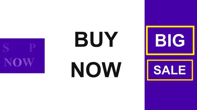 Clean, dynamic video of words shop now and buy now, big sale on a purple and white background, promotion footage.