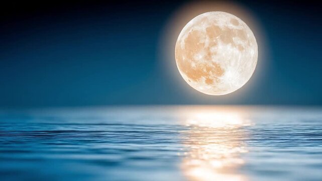 Moonlit Serenity Over Calm Water: A radiant full moon hangs luminous in a deep blue night sky, casting a shimmering reflection upon the tranquil, rippling surface of the water below.