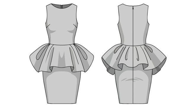 Sleeveless Peplum Dress Fashion Technical Sketch Flat Illustration Front and Back View