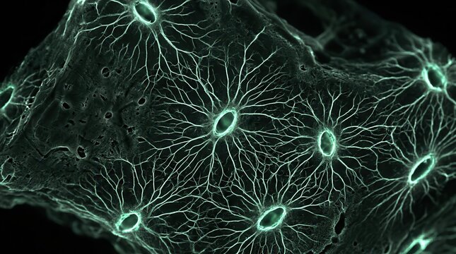 Confocal micrograph of acid etched cortical bone showing osteocyte lacunae
