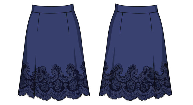 Navy Blue Womens A-Line Skirt with Ornate Lace Hem Detail Fashion Flat Sketch Front and Back View Illustration