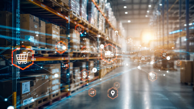 AI generated modern warehouse digital logistics network icons supply chain management inventory tracking shipping distribution technology concept blue orange lighting