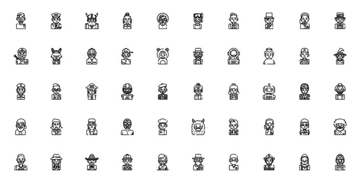 Avatar icon set. Minimal vector character icons. Includes symbols for Zombie, Pilot, Viking, Actress, Woman, Scuba diver, Businessman, Magician, and more. Editable vector stroke.