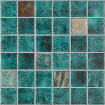 Teal and Turquoise Glass Mosaic Tile Texture Background. Wavy Marbled Square Wall Pattern for Modern Interior Decor, Luxury Kitchen Backsplash, and Architectural Surface Design.
