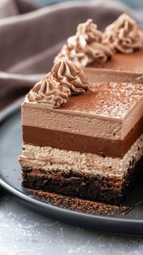 Decadent dark and light chocolate layered cake slice with cream rosettes and cocoa dusting on a dark plate