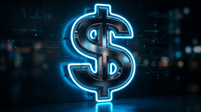 Neon blue glowing dollar sign on dark blurry background with symbolizes finance wealth economy value in a modern digital context currency abstract business investment commerce background