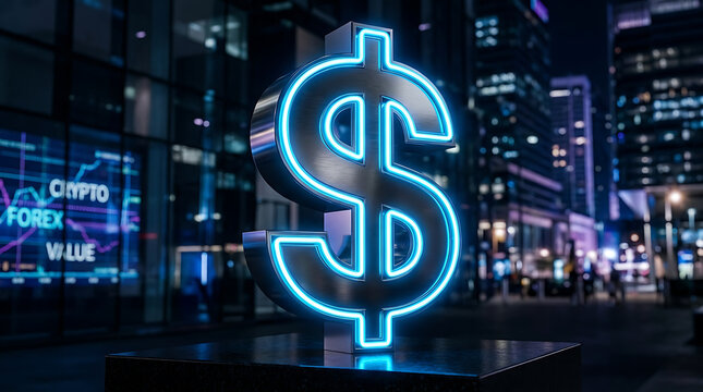 Neon glowing dollar sign in a dark cityscape representing global financial markets and business value with currency business investment cityscape exchange financial abstract