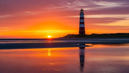 Fototapeta premium Lighthouse on a sandy beach at sunset with water reflection