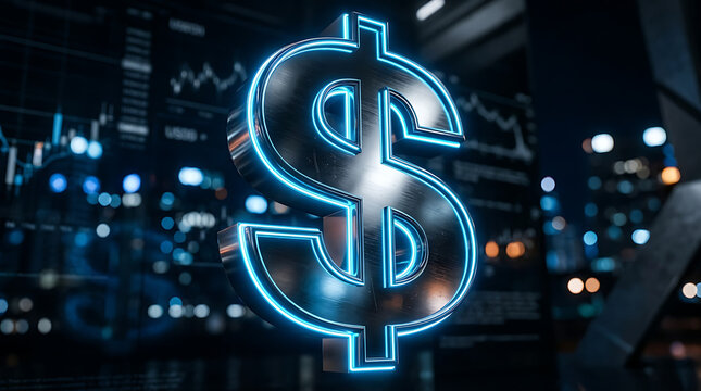 Glowing blue neon dollar sign symbolizing digital finance global economy online trading with currency business cryptocurrency investment blockchain abstract financial futuristic