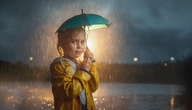 A little girl in a yellow raincoat stands alone in the pouring rain, holding a tiny umbrella that barely protects her. A touching cinematic scene symbolizing vulnerability, resilience, innocence.