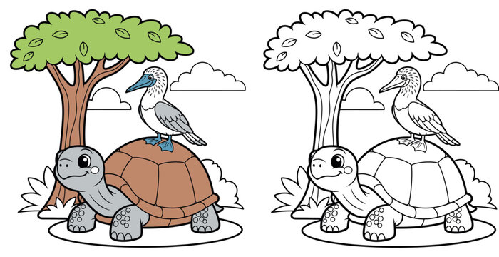 Cute Cartoon Blue-Footed Booby Bird on a Turtle Under a Tree