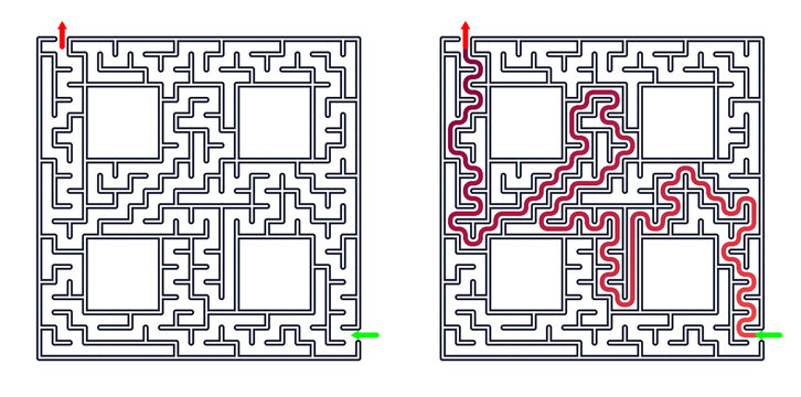 Simple square maze with four inner blocks and solved route, printable logic game isolated on transparent background