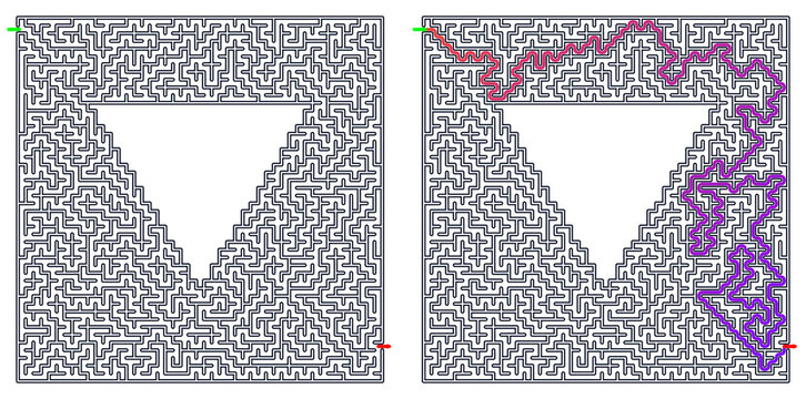 Complex square maze with central inverted triangle and solved path shown side by side, printable logic puzzle on transparent background