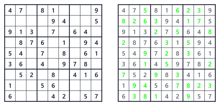 Classic easy sudoku puzzle with completed answer grid on dark background, printable brain game worksheet for beginners