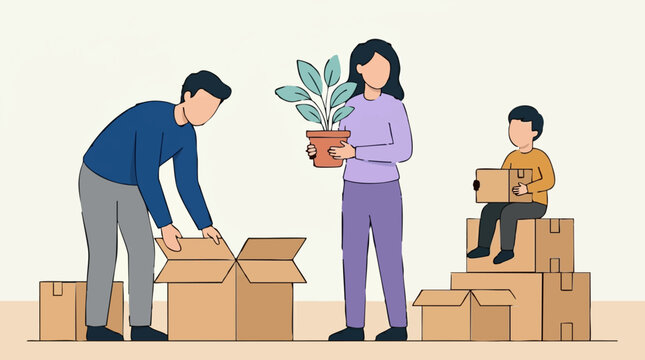 Family packing moving boxes for relocation with child and houseplant illustration