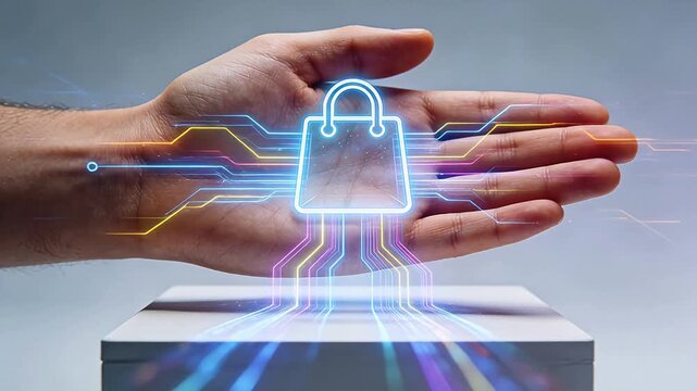 Hand holding glowing virtual shopping bag icon with colorful circuit lines