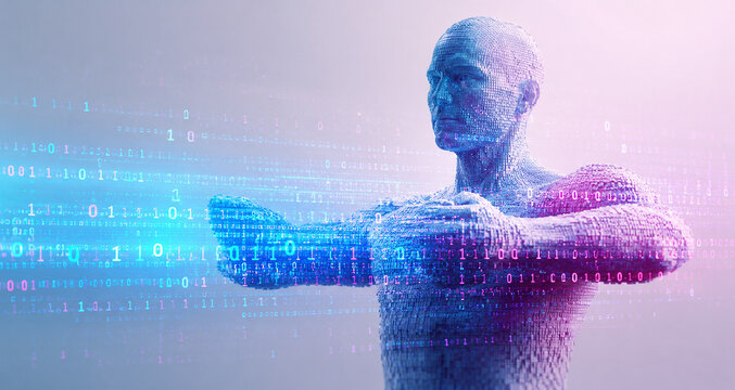 AI generated digital human figure binary data stream representing artificial intelligence big data analysis cyber technology virtual network futuristic concept