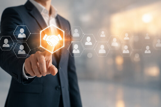 AI generated business professional selecting digital handshake icon representing partnership agreement collaboration networking modern technology driven environment