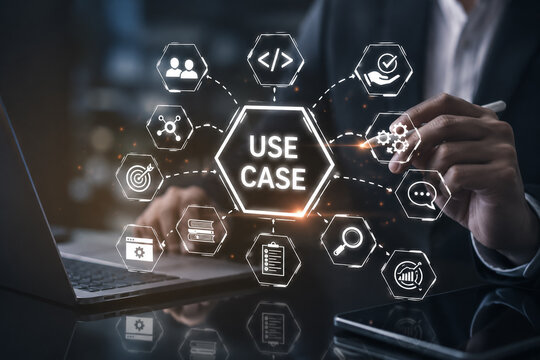 AI generated business professional interacting digital use case interface showing workflow automation data analysis connectivity modern enterprise technology solutions