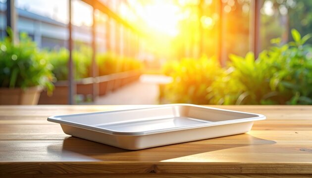 Captivating morning light shining on a plastic tray outdoor setting still life photography lush greenery close-up perspective