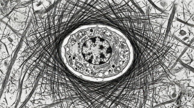 TEM of articular cartilage chondrocyte inside lacunar space matrix