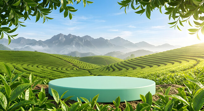 3D product display mockup with a mint green circular podium in the middle of a lush green tea plantation with mountain landscape