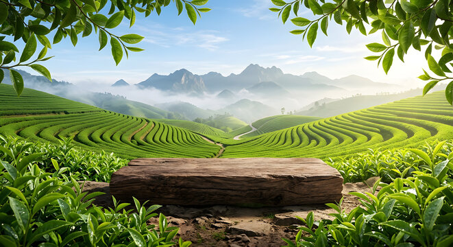3D product display mockup with a raw wooden log podium in the middle of a green tea plantation with mountain landscape