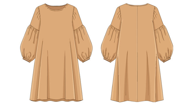 Women's Beige Long Puff Sleeve Shift Dress Technical Flat Sketch Fashion Illustration Front and Back View
