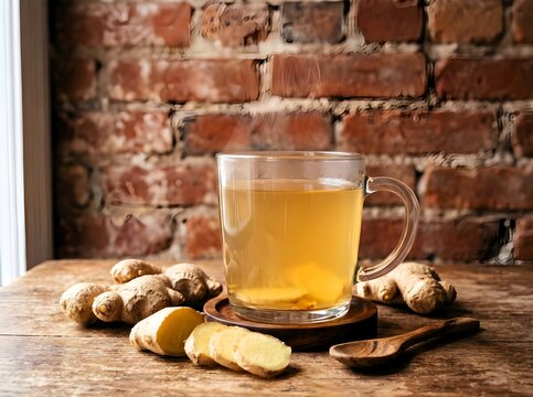 Hot ginger tea in a glass mug with fresh ginger roots and slices