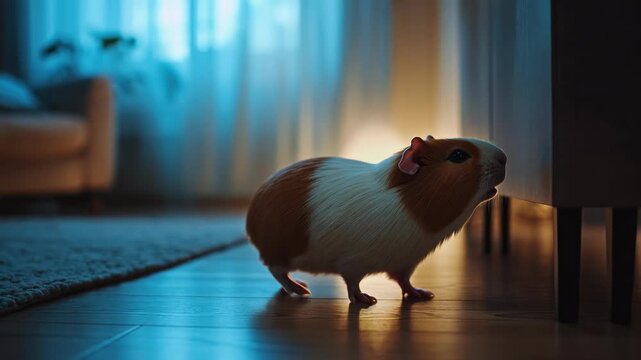 Tracking slow motion shot of guinea pig walking and sniffing along living room floor toward cabinet at dusk for pet interior scene
