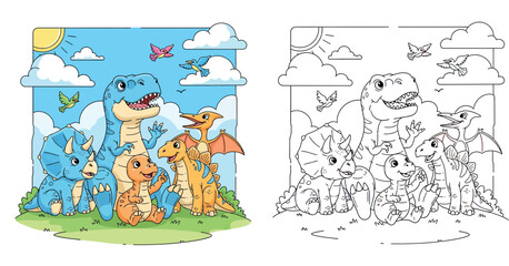 Adorable Group of Cartoon Dinosaurs Playing Together in a Sunny Landscape © Dewan