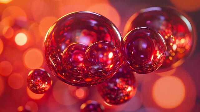 Slow motion tracking zoom of red glass spheres floating toward camera over bokeh background in studio close up