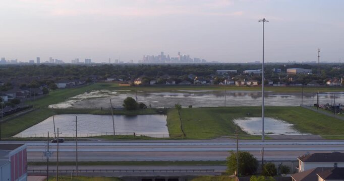Aerial View of Pearland Neighborhoods Looking at Houston Skyline