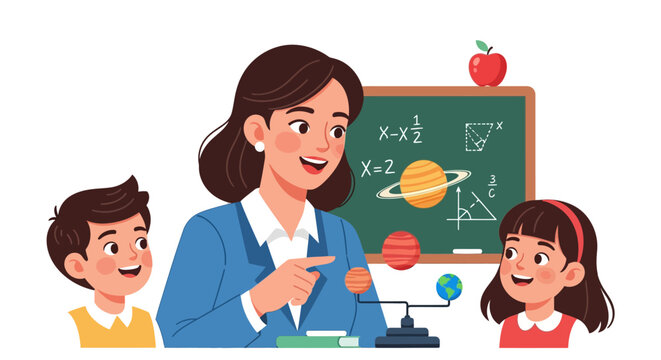 A friendly female teacher explains the solar system to two smiling elementary school children in a classroom.