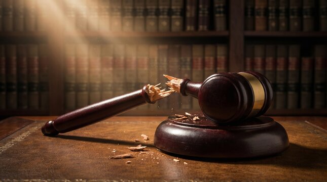 Concept of broken justice: A snapped wooden judge's gavel resting on a desk in a dark law library