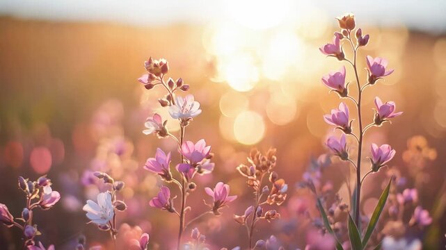 Slow motion panning shot of wildflowers swaying in sunlit meadow at golden hour, design for print, card, poster