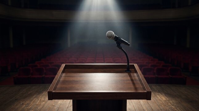 Dramatic spotlight illuminating a wooden podium and microphone on an empty dark stage