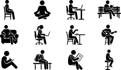 Obraz premium People sitting silhouette icon set, flat black glyph style, pure white background