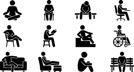 Obraz premium People sitting silhouette icon set, flat black glyph style, pure white background
