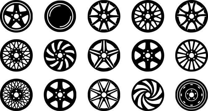 Wheel hubcap silhouette icon set, flat black glyph 
style, pure white background