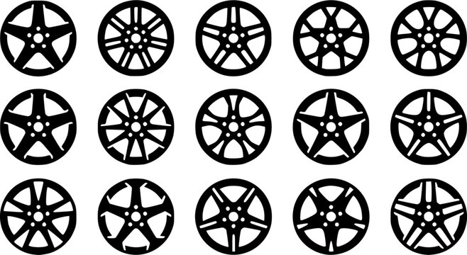 Wheel hubcap silhouette icon set, flat black glyph 
style, pure white background